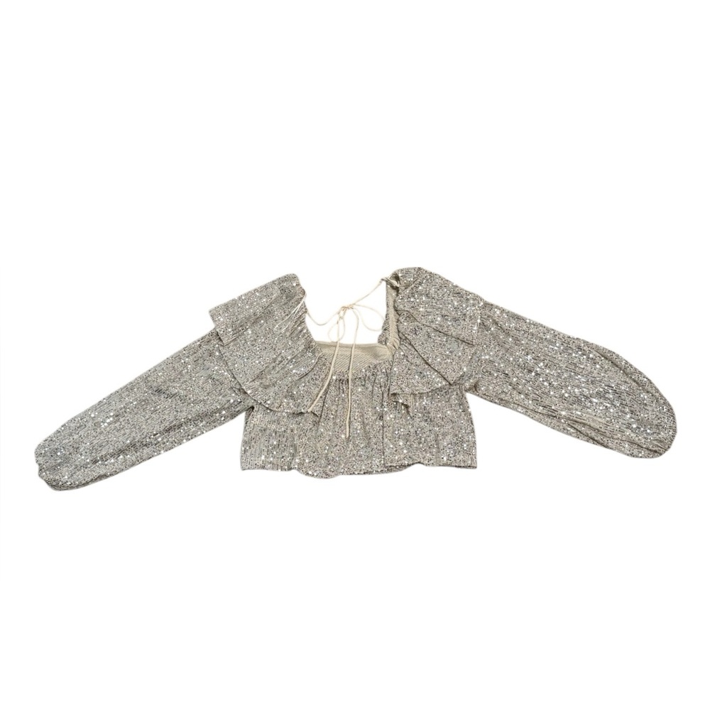 Free People Silver Sequin Long Sleeve Top - Picture 4 of 9